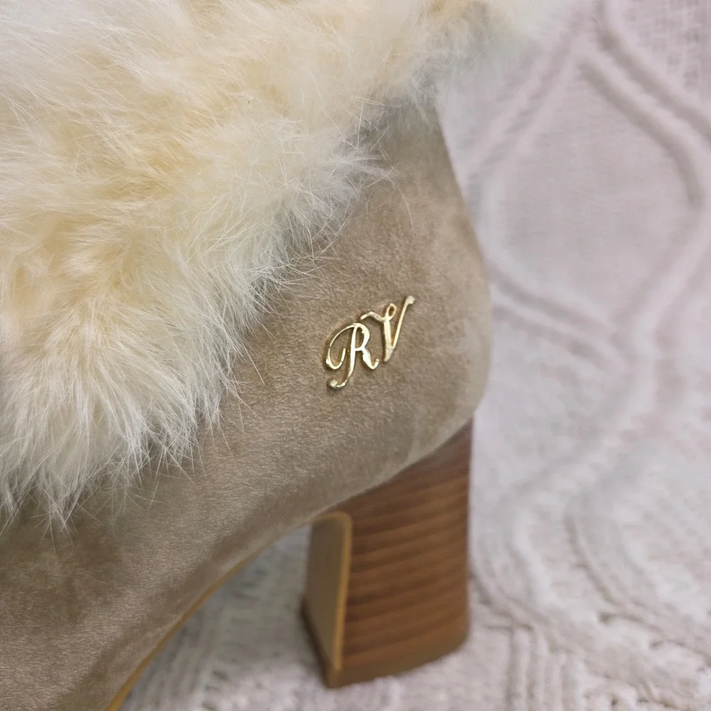 RV Roger Vivier Taupe‎ Suede Leather Fox Fur Lined Ankle Boots Women 36 5.5 6